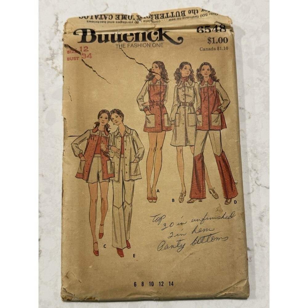 Vintage 70's Butterick Sewing Pattern 6548 Size 12 Dress Top Pants Shorts